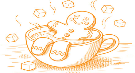 Gingerbread man relaxing in a hot cup of coffee with sugar cubes and steam rising on transparent background