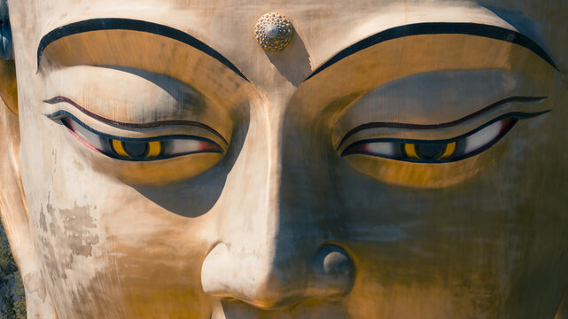 Aerial view of the golden eyes of Buddha Dordenma gaze serenely, reflecting the soft light, a symbol of peace and enlightenment., Thimphu, Thimphu, Bhutan.