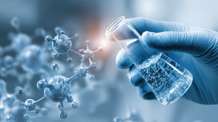 Laboratory hand holding a glass flask with liquid while observing molecular structures, representing scientific research and discovery in chemistry
