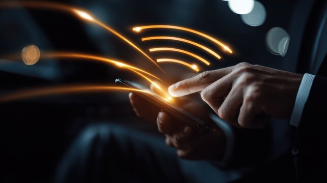 Close-up of a business professional using smartphone in dark environment, glowing signal lines indicating communication and connectivity in modern technology