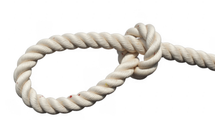 Thick white rope forming a loop and knot isolated on a transparent background