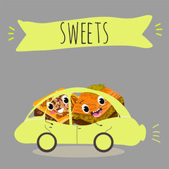 Funny Characters Turkish Traditional desserts pistachio baklava, hand drawn vector illustration.