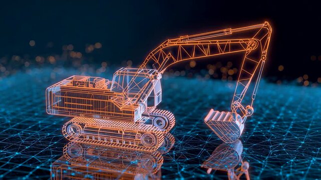 Digital wireframe excavator model floating above a glowing grid surface showcasing advanced construction machinery technology in a modern virtual scene