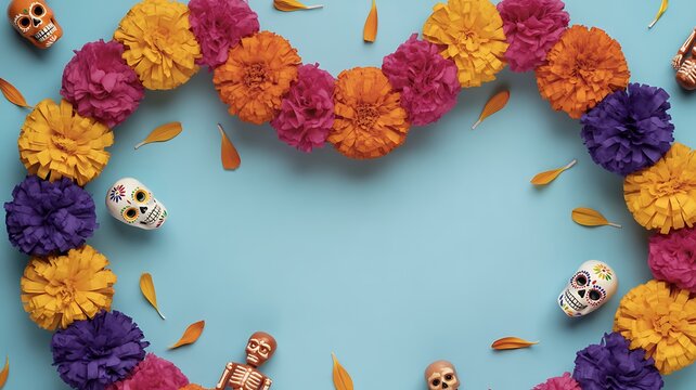 Lively Day of the Dead festivity concept. A top-down photo of a colorful garland amidst vibrant spooky decorations on a light blue isolated backdrop, suitable for text or promotional content. - Powered by Adobe