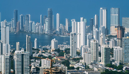 Modern skyline of Cartagena city with white skyscrapers of Bocagrande neighborhood, Colombia