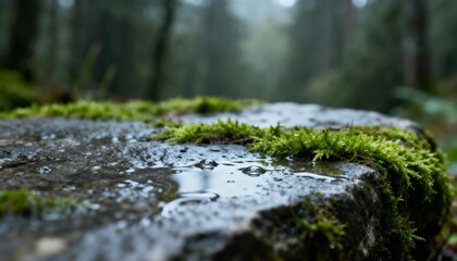 Macro photograph of a rock with moss and water droplets in a humid forest.