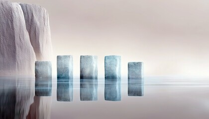 Five ice blocks are arranged in a decreasing height row on calm water, with a large icy cliff formation in the background. The scene has a serene, cool, and pea