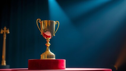 A golden trophy displayed on a velvet podium with dramatic award ceremony lighting.