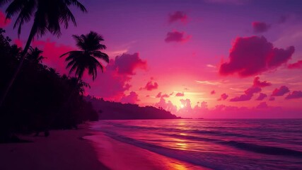 Tropical ocean shoreline glowing with vivid pink and purple sunset colors as waves meet the sandy beach and palm silhouettes frame the horizon - Powered by Adobe
