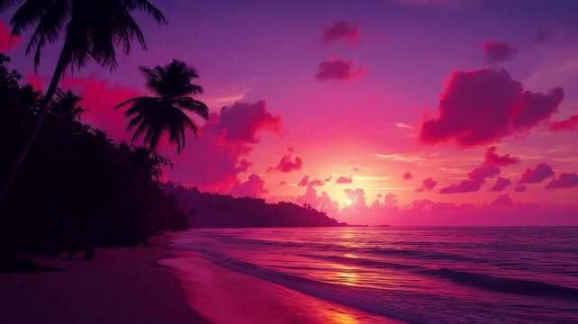 Tropical ocean shoreline glowing with vivid pink and purple sunset colors as waves meet the sandy beach and palm silhouettes frame the horizon - Powered by Adobe