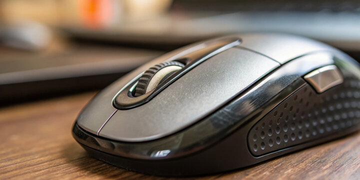 Wireless computer mouse on wooden desk. Focused office work with technology device essential for seo and any search engine, conveying modern professional productivity