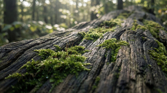 Macro texture of a tree trunk covered in moss, illuminated by the forest sun.