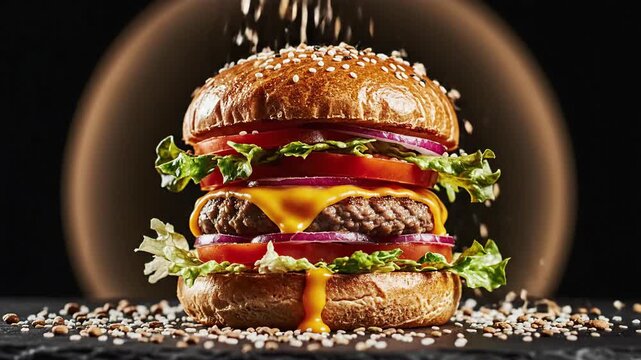Delicious 4K Video of a gourmet burger with fresh ingredients and a crispy bun