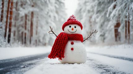 A snowman with a red hat and scarf stands in the snow on a road