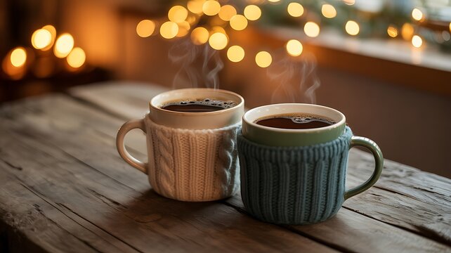 Cozy coffee cups on a wooden table with warm bokeh lights in winter.