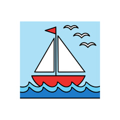 Minimal sailing boat illustration with white sails and red hull moving across calm sea water beneath clear blue summer sky
