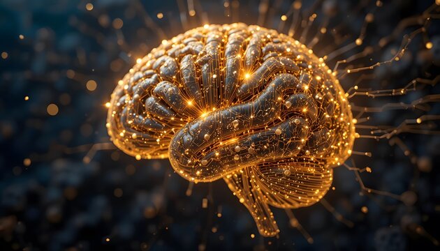 Glowing Brain with Bright Neural Connections and Digital Effects