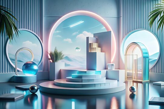 Futuristic skincare product display with neon and geometric elements