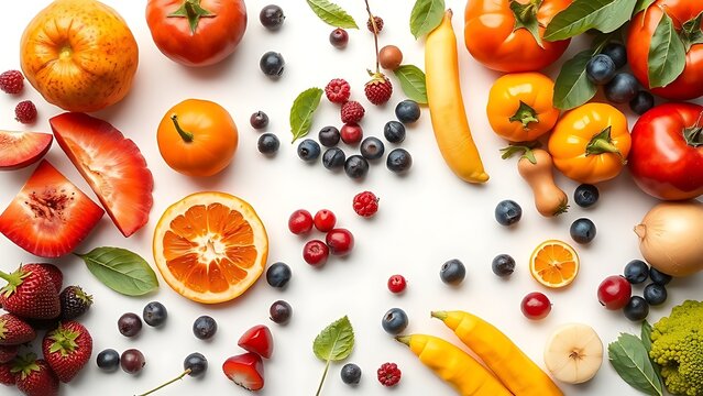 Colorful fruits and vegetables arranged neatly on a white surface.