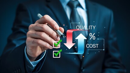 Businessman pressing a virtual touchscreen button for business success