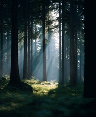 Naklejka premium Sunlight streaming through tall trees in a tranquil forest nature scene lush environment serene viewpoint