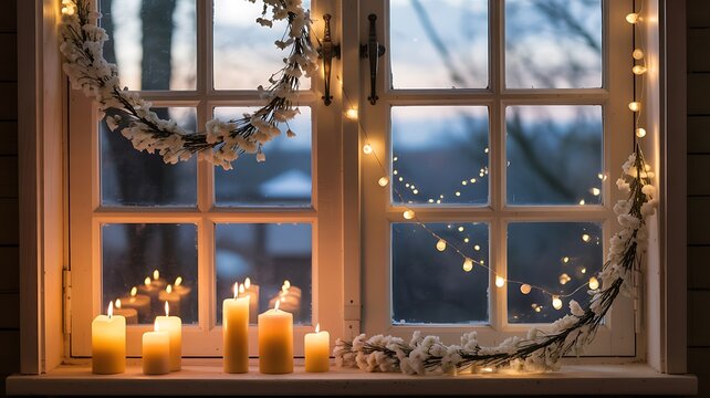 Cozy winter window decorated with candles and lights creating warm atmosphere