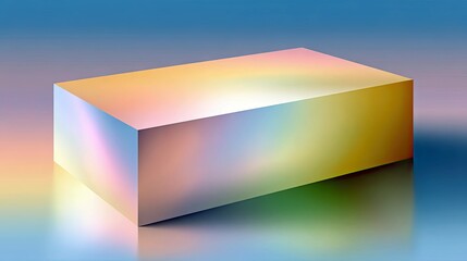 A rectangular prism with iridescent, rainbow-like colors sits on a reflective surface against a soft gradient background of blue and pastel hues.