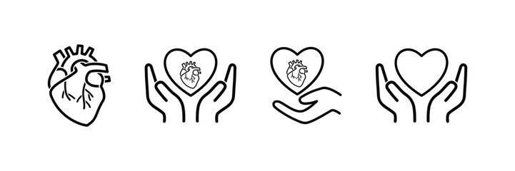 Simple medical heart icons featuring anatomical hearts and caring hands, perfect for health, cardiology, charity, wellness, and healthcare design projects.