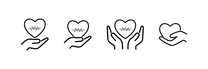 Simple heart care icons with hands holding hearts and heartbeat lines, ideal for health, medical, charity, and wellness design needs.