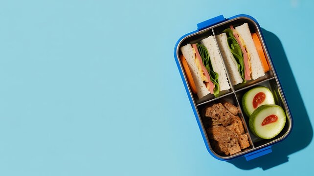 Fuel educational breaks with a top-down composition highlighting lunch box with vegan sandwiches and other food on blue isolated background, inviting the addition of text or advertorial content.