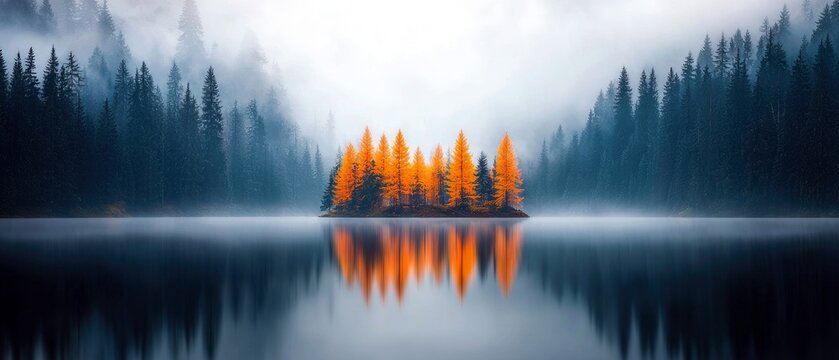 A small island covered in vibrant orange autumn trees stands in the middle of a calm, reflective lake, surrounded by dark, misty pine forests under a soft, over