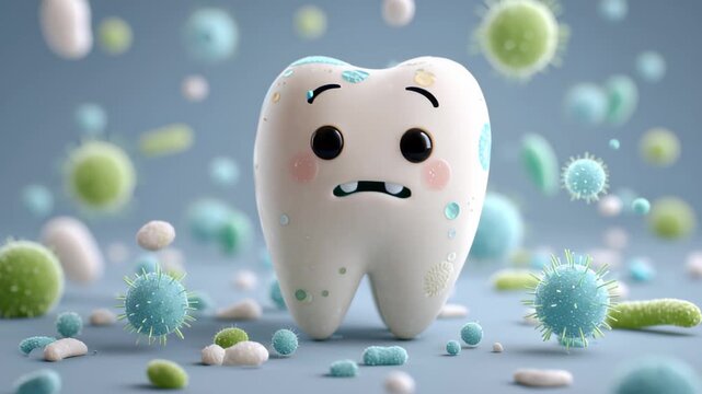 Tooth dental health hygiene concept. A 3D rendered, cartoonish tooth character with a mischievous grin, surrounded by microscopic organisms. 