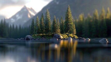 A serene lake reflects an island covered in pine trees, with misty mountains in the background, bathed in the warm glow of golden hour.