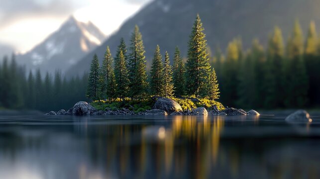 A serene lake reflects an island covered in pine trees, with misty mountains in the background, bathed in the warm glow of golden hour.