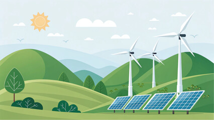 Sustainable energy landscape showcasing wind turbines and solar panels generating renewable power for a greener future, ideal for environmental awareness campaigns