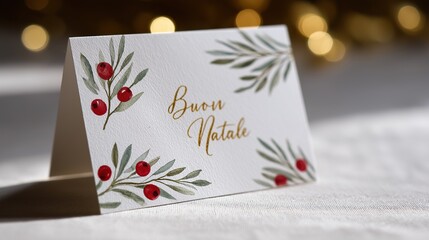 Minimalist Christmas card, white background, delicate watercolor pine branches and red berries, italian language "Buon Natale" in lettered cursive