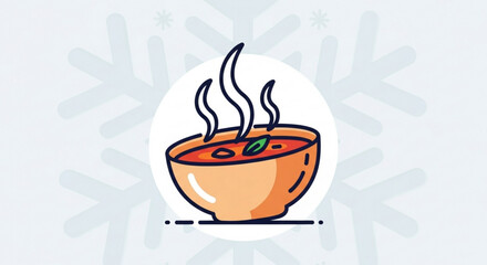 Steaming hot bowl of tomato soup icon with basil leaf garnish, perfect for cold weather comfort food illustration on a subtle snowflake background