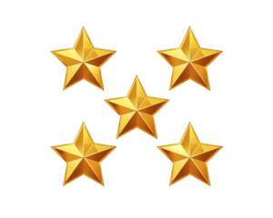 Five golden stars arranged in a pattern isolated on transparent background