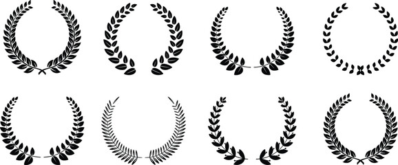 Circular laurel wreath set. Emblem floral Greek branch of oak leaves, eucalyptus leaf, Wheat, winner award, champion and flower.