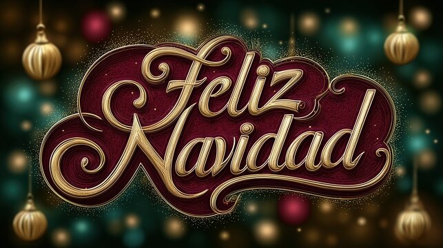 Festive Christmas greeting card featuring elegant Spanish lettering "Feliz Navidad", ornate gold calligraphy on a dark red background