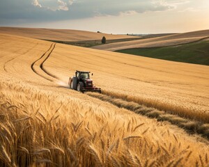 Obraz premium Tractor on a field of wheat.