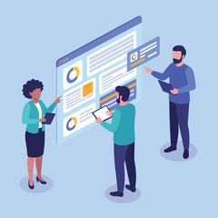 Modern Minimalist Vector Illustration of Diverse Business Professionals Collaborating Digitally on a Unified Dashboard to Symbolize 