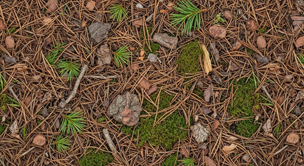 Forest floor texture with brown pine needles green moss and bark fragments