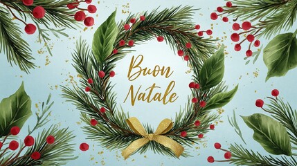 Greeting in italian language "Buon Natale" surrounded by watercolor Christmas wreath