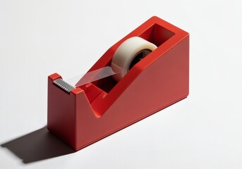 Studio Shot of Red Tape Dispenser with Clear Adhesive Roll on White Background