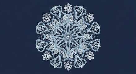 Intricate, highly detailed, symmetrical, light blue and white snowflake design with crystalline structure against a dark navy blue background