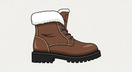 Illustration of a single brown leather winter boot with white fur trim and thick black sole