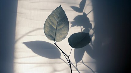 Close-up of translucent leaves and their shadows projected onto a white, textured fabric surface. The lighting creates a serene and artistic mood.