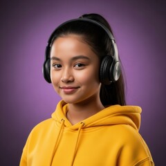 Young girl wearing black headphones against purple background