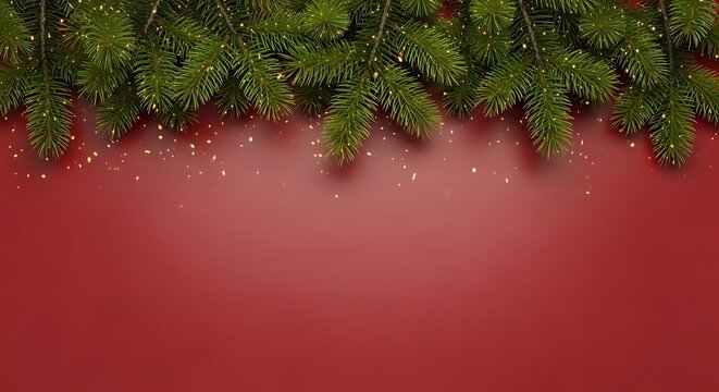 Decorative Christmas Green Fir Branches with Sparkling Snowflakes on Red Background for Holiday Celebrations